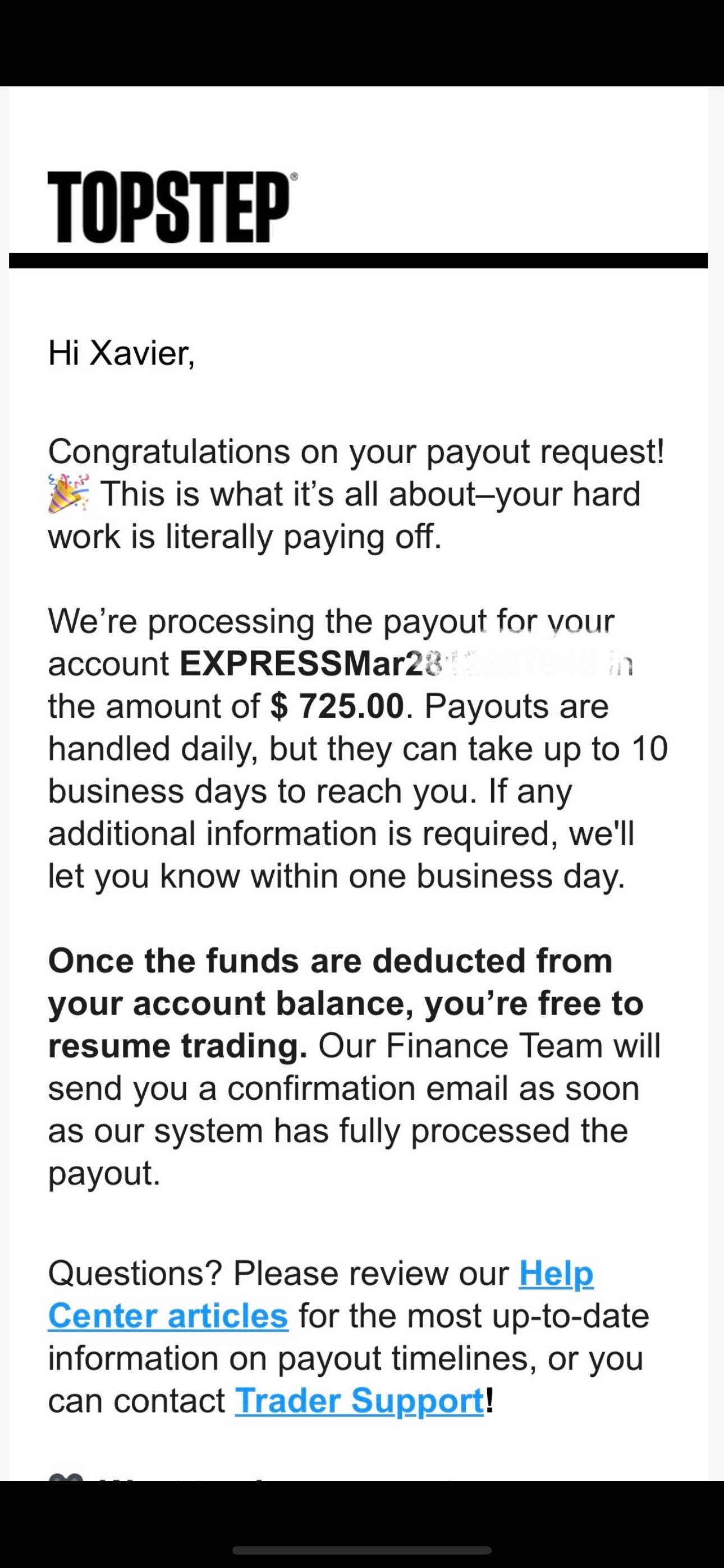 Verified $725 payout from Topstep