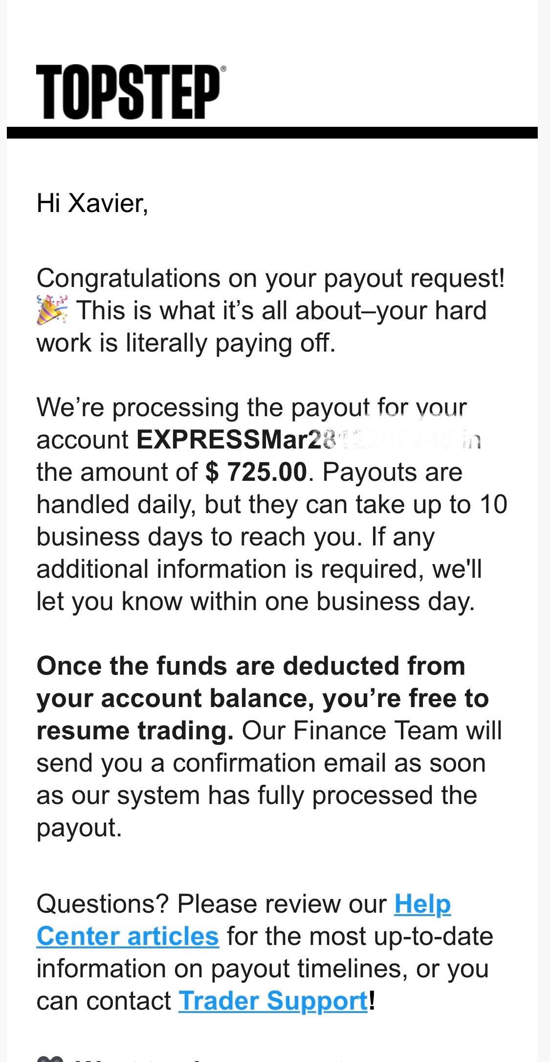 Verified $725 payout from Topstep