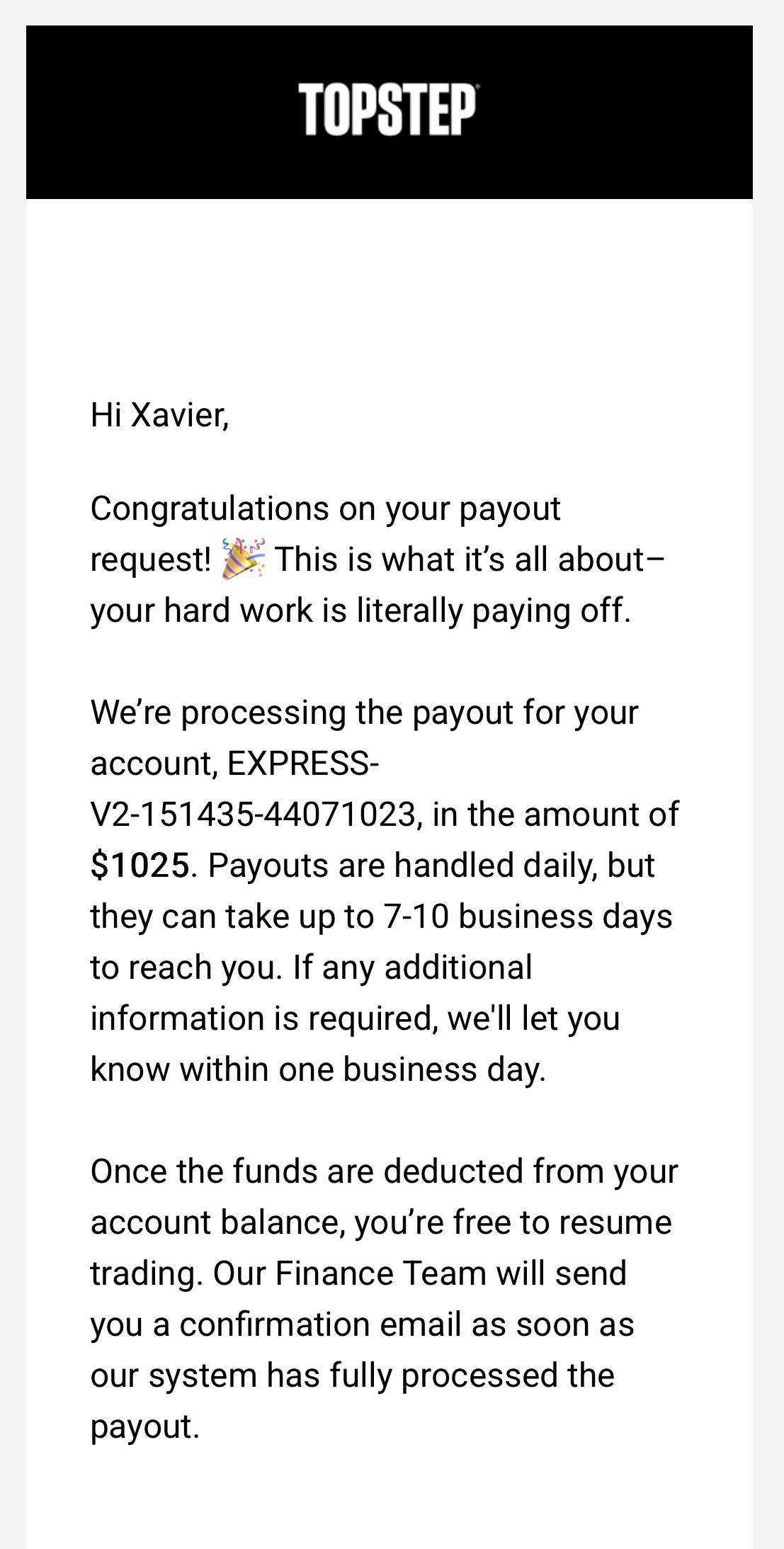 Verified $1,025 payout from Topstep