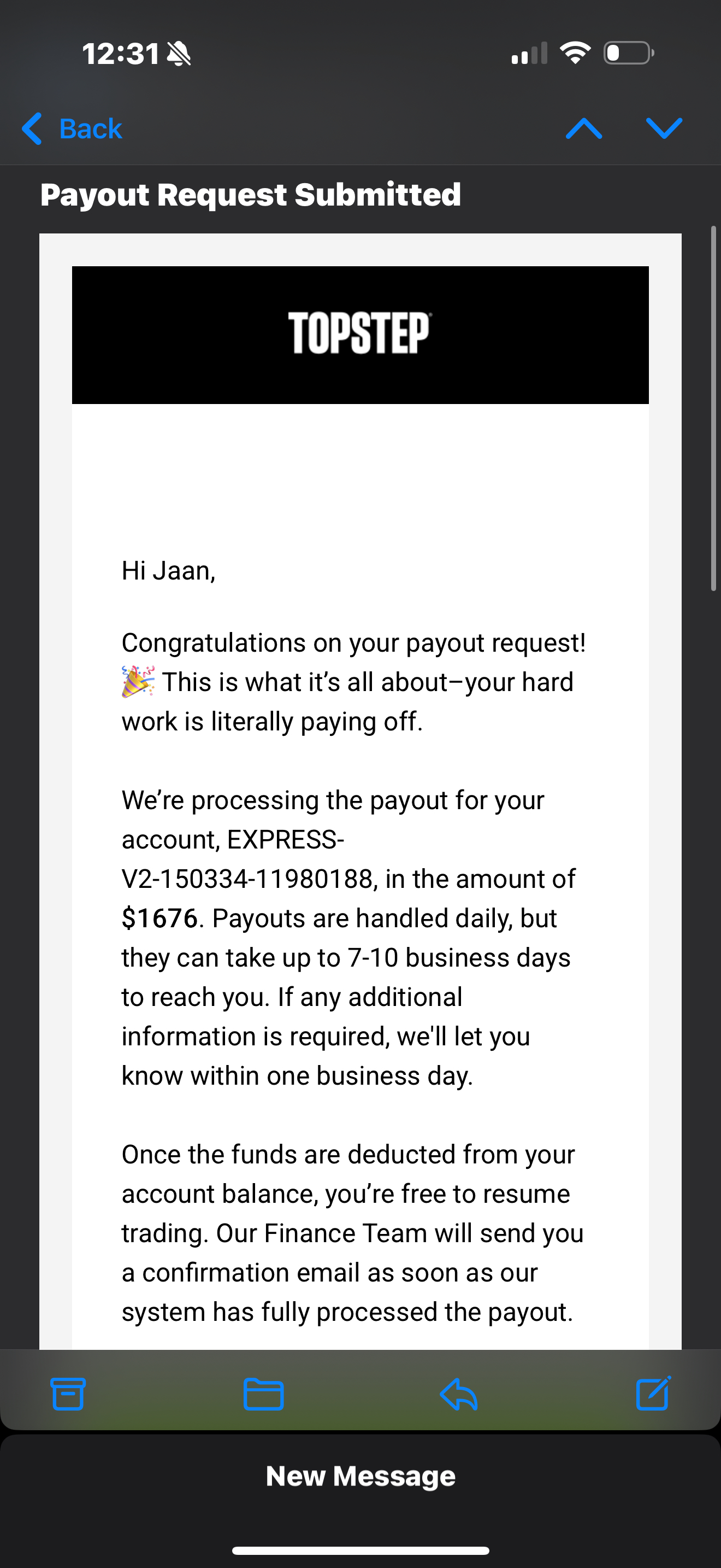 Verified $1,676 payout from Topstep