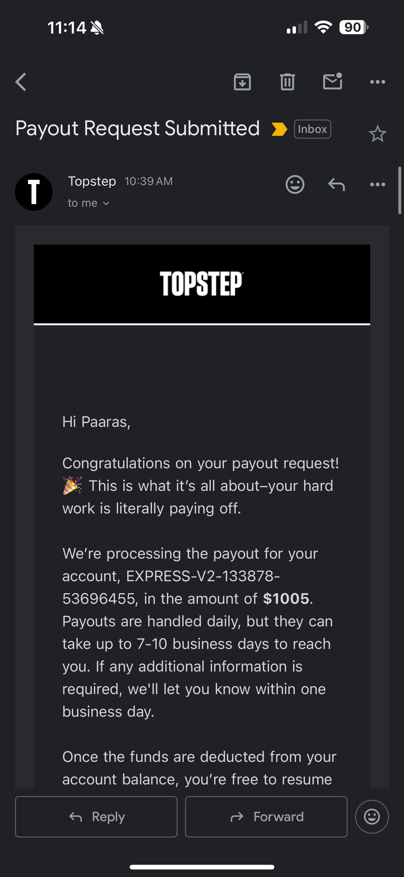 Verified $1,005 payout from Topstep