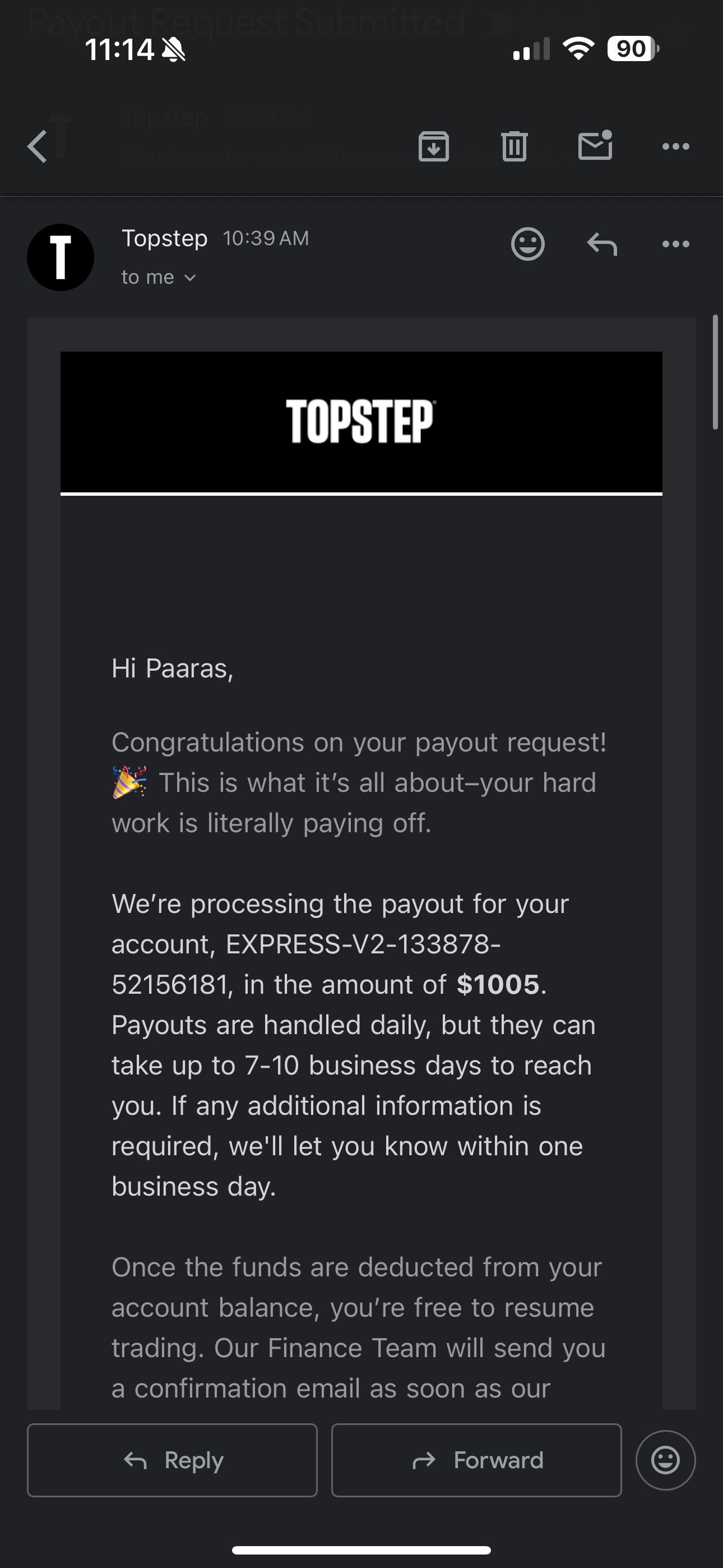 Verified $1,005 payout from Topstep