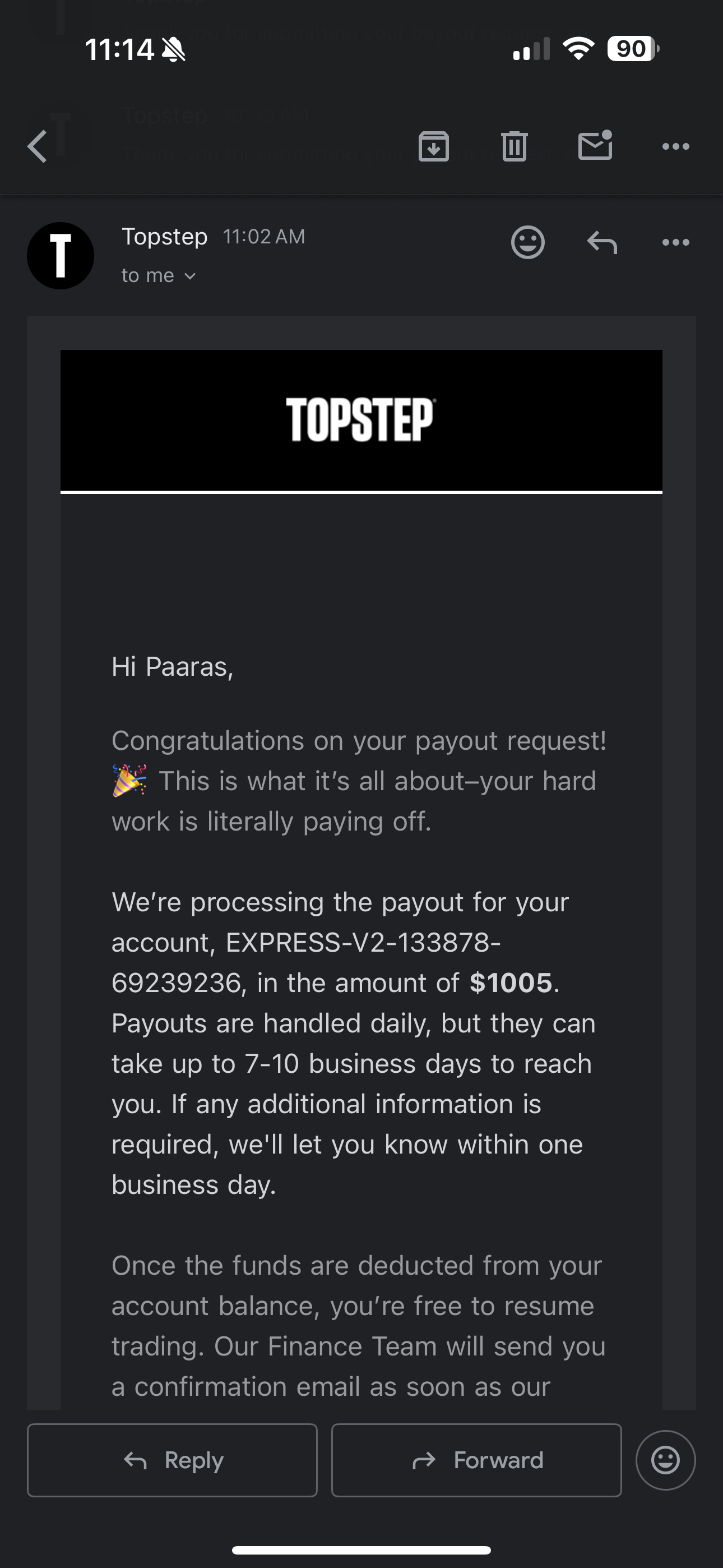 Verified $1,005 payout from Topstep