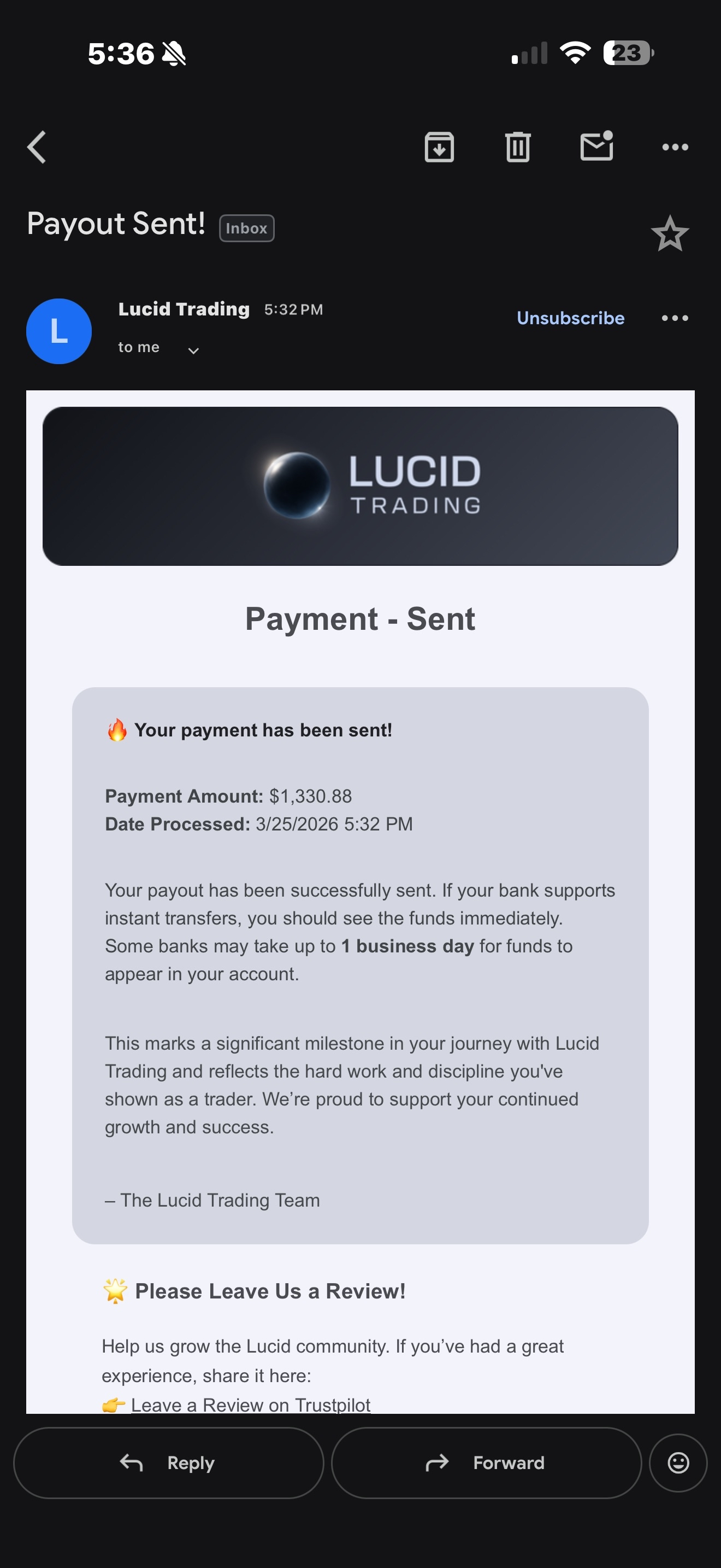 Verified $1,330.88 payout from Lucid Trading