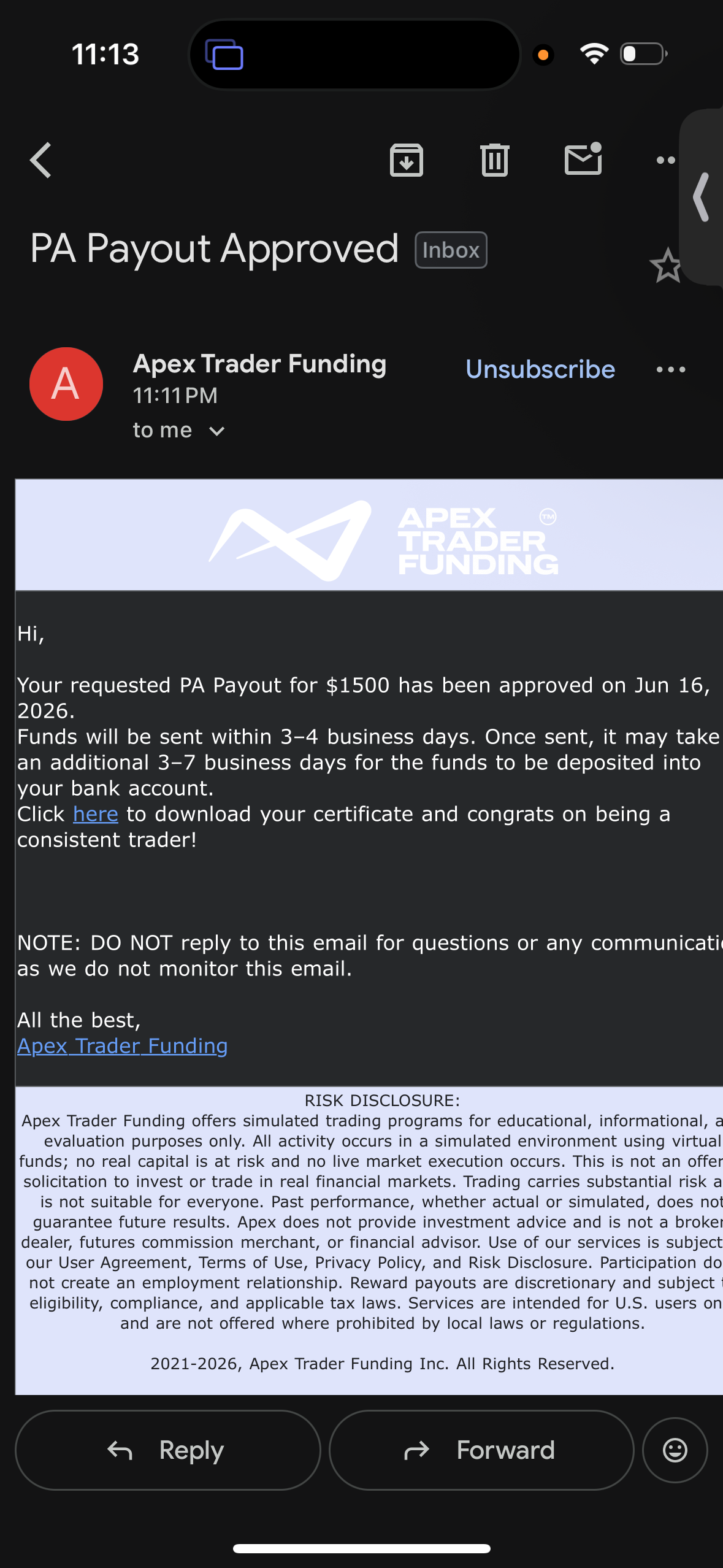 Verified $1,500 payout from Apex Trader Funding