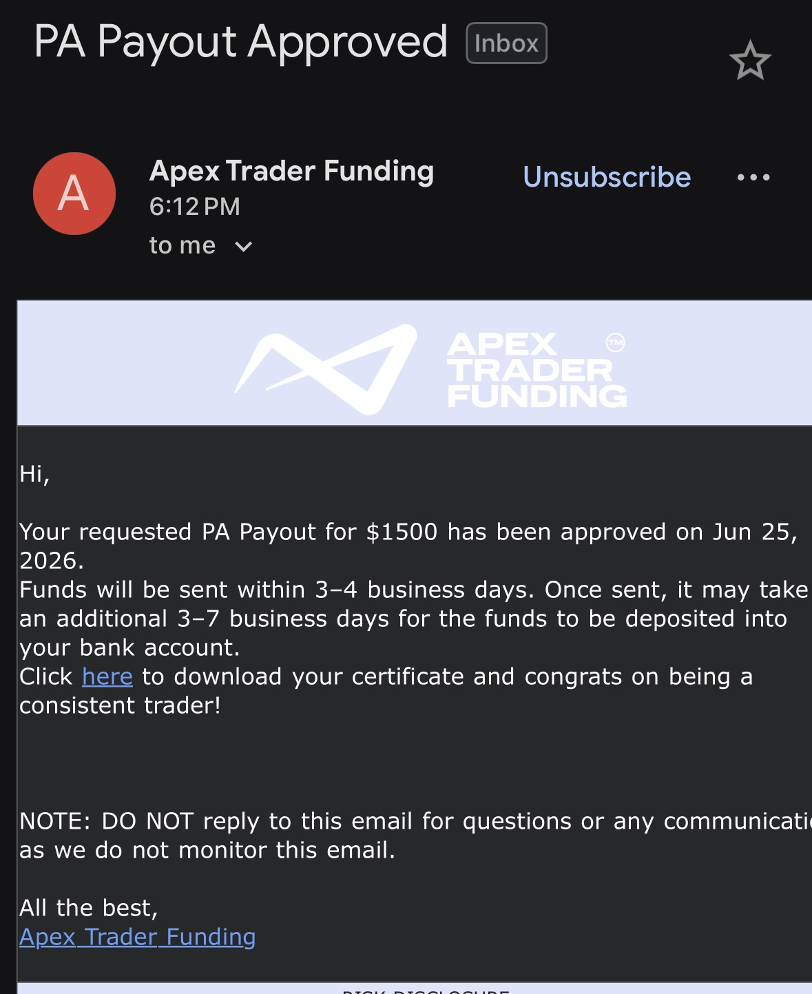 Verified $1,500 payout from Apex Trader Funding