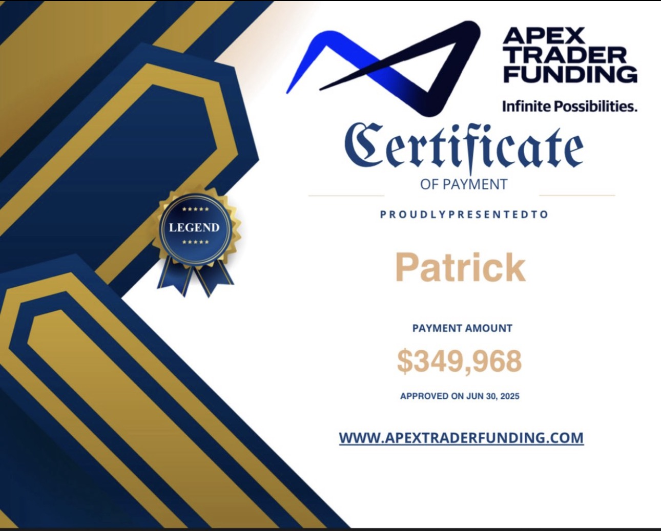 Verified $349,968 payout from Apex Trader Funding